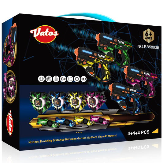 VATOS Rechargeable Laser Tag Set of 4 Players, 360° Sensors, 2.4GHz Infrared, Real-Time Data Display