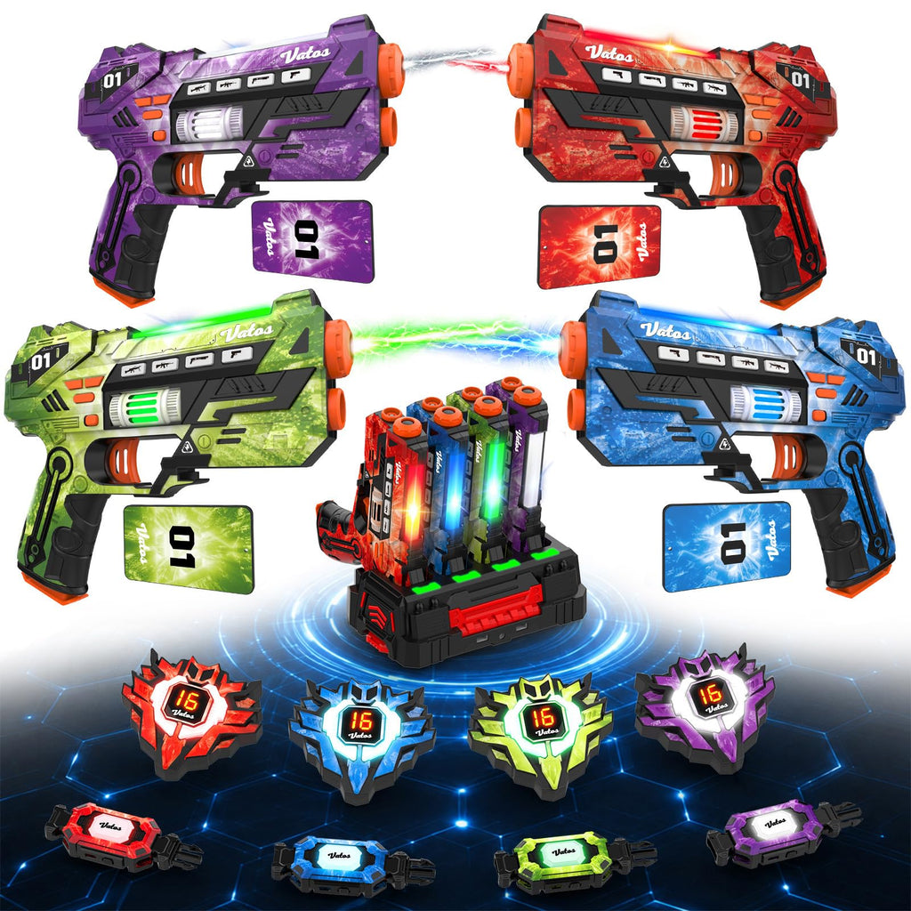 360° Sensor Laser Tag Set with Charging Station & Energy Cards, 4-Player Rechargeable Laser Guns with LCD Screen & 2.4GHz Real-Time Sync, Indoor/Outdoor Laser Game Toys for Kids, Teens & Family