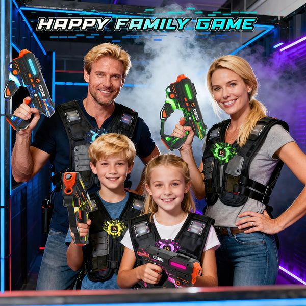 VATOS Rechargeable Laser Tag Set of 4 Players, 360° Sensors, 2.4GHz Infrared, Real-Time Data Display