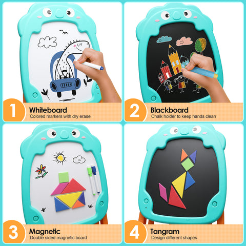 Double Sided Art Easel for Toddlers, Height Adjustable, Learning Easel Magnetic Dry Erase Whiteboard Chalkboard