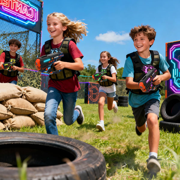 VATOS Rechargeable Laser Tag Set of 4 Players, 360° Sensors, 2.4GHz Infrared, Real-Time Data Display