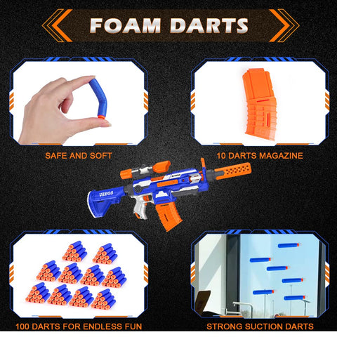 VATOS Electric Foam Blaster Toy Gun with 100 Pcs Darts, 7 DIY Automatic Machine Sniper Rifle Type with Scope