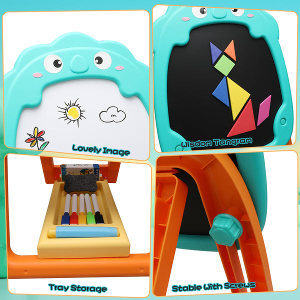 Double Sided Art Easel for Toddlers, Height Adjustable, Learning Easel Magnetic Dry Erase Whiteboard Chalkboard