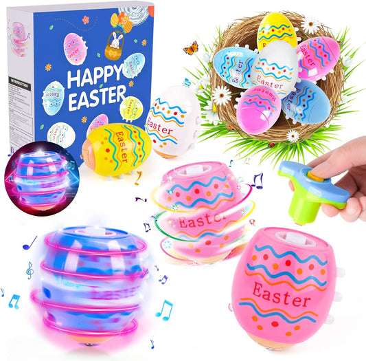 Vatos Easter Toys Eggs for Kids - 6 Pack Lighting & Spining & Singing Plastic Colorful Easter Toys Egss