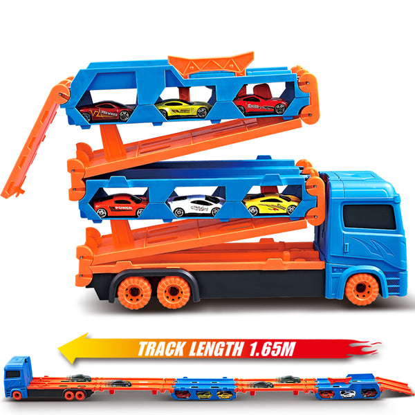 Transport Truck Toys Cars for Boys Ages 3-6, Portable Race Track Truck Toy Car with 6 Race Cars