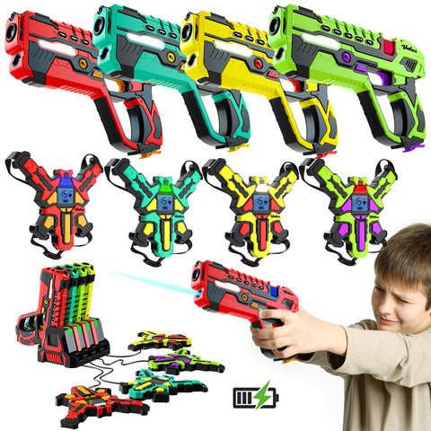 Newest Rechargeable Laser Tag Guns Set ,4 Player with Vests 2.4GHz Data SYNC Display Laser Game