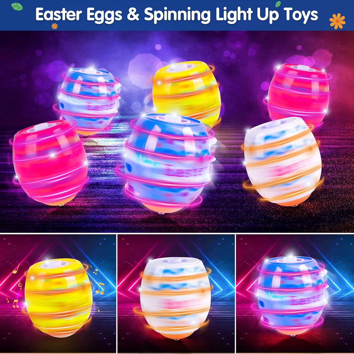 Vatos Easter Toys Eggs for Kids - 6 Pack Lighting & Spining & Singing Plastic Colorful Easter Toys Egss