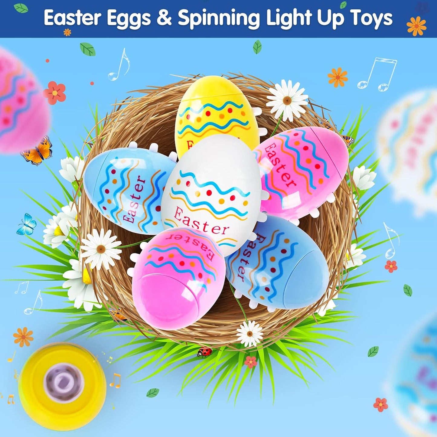 Vatos Easter Toys Eggs for Kids - 6 Pack Lighting & Spining & Singing Plastic Colorful Easter Toys Egss