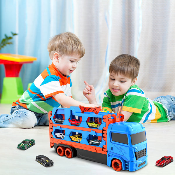 Transport Truck Toys Cars for Boys Ages 3-6, Portable Race Track Truck Toy Car with 6 Race Cars