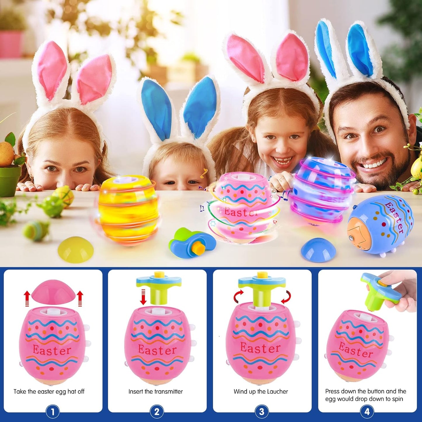 Vatos Easter Toys Eggs for Kids - 6 Pack Lighting & Spining & Singing Plastic Colorful Easter Toys Egss