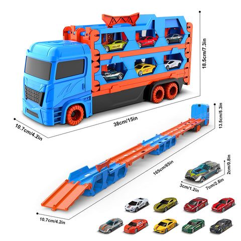 Transport Truck Toys Cars for Boys Ages 3-6, Portable Race Track Truck Toy Car with 6 Race Cars