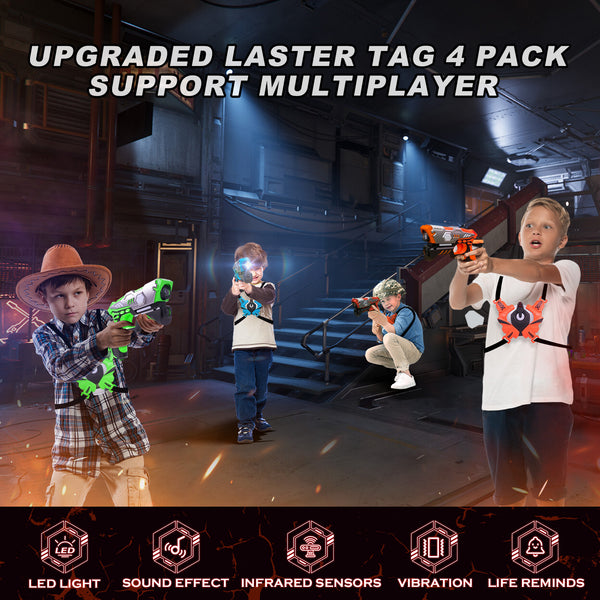 Upgrade Rechargeable Laser Tag Gun - Real-time Data SYNC Infrared Laser Tag Sets of 4 Gun 4 Vest