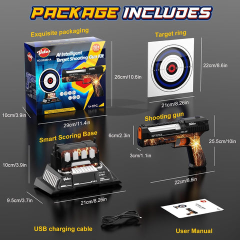 Smart Electronic Shooting Game Set with Auto-Scoring Target Base and Rechargeable Gun, Real-Time Voice Feedback, 4 Shooting Modes, Indoor Outdoor Toy for Teens Adults Family Party