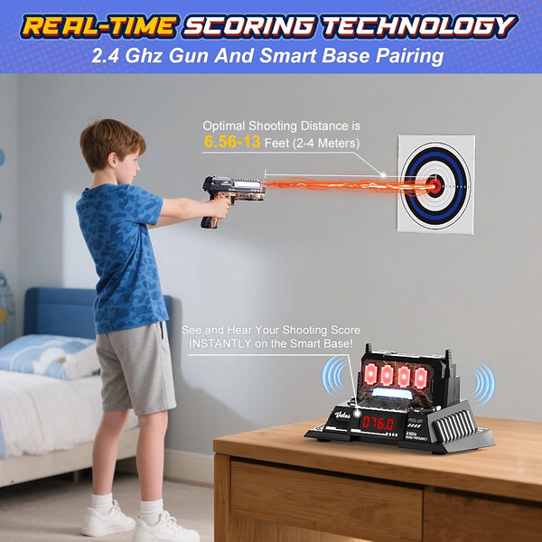 Smart Electronic Shooting Game Set with Auto-Scoring Target Base and Rechargeable Gun, Real-Time Voice Feedback, 4 Shooting Modes, Indoor Outdoor Toy for Teens Adults Family Party