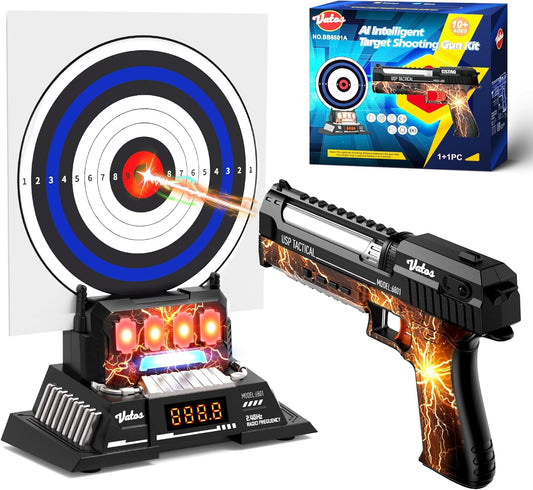 Smart Electronic Shooting Game Set with Auto-Scoring Target Base and Rechargeable Gun, Real-Time Voice Feedback, 4 Shooting Modes, Indoor Outdoor Toy for Teens Adults Family Party