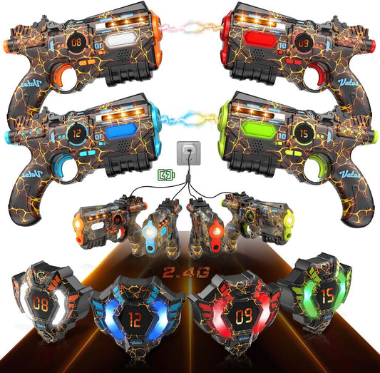 Rechargeable Laser Tag Set of 4 Player - 2.4GHz Data Fully SYNC 4 Gun & 4 Vest Sensors - Cool Birthday Toys & Ideas Laser Tag Gun for Kids Teen Adults for Outdoor Family Activities
