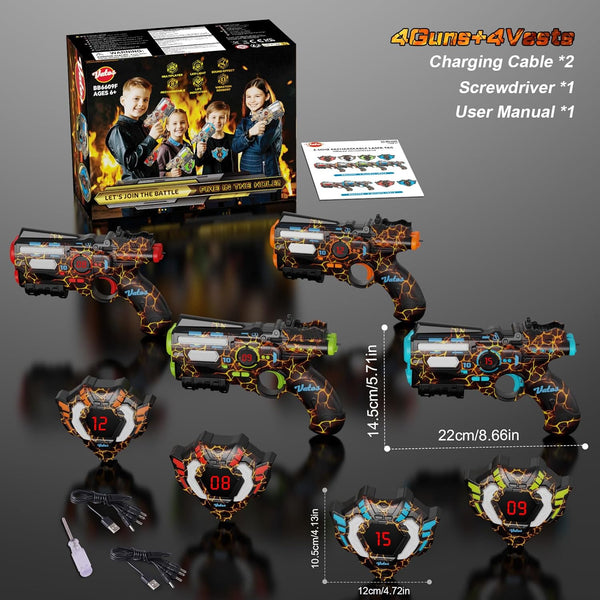 Rechargeable Laser Tag Set of 4 Player - 2.4GHz Data Fully SYNC 4 Gun & 4 Vest Sensors - Cool Birthday Toys & Ideas Laser Tag Gun for Kids Teen Adults for Outdoor Family Activities