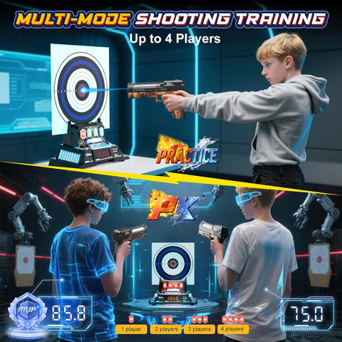 Smart Electronic Shooting Game Set with Auto-Scoring Target Base and Rechargeable Gun, Real-Time Voice Feedback, 4 Shooting Modes, Indoor Outdoor Toy for Teens Adults Family Party