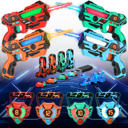 Rechargeable Laser Tag Set with Vests for 4 Players, 360° Hit Sensors, Real-Time Feedback, Indoor Family Battle Game for Kids & Adults