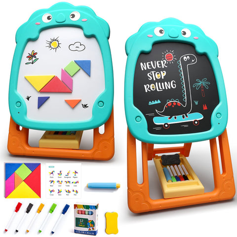 Double Sided Art Easel for Toddlers, Height Adjustable, Learning Easel Magnetic Dry Erase Whiteboard Chalkboard