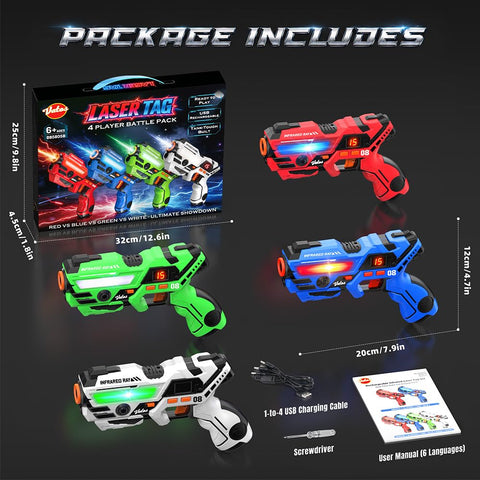 Rechargeable Kids Laser Tag Set of 4, Red & Blue & White & Green