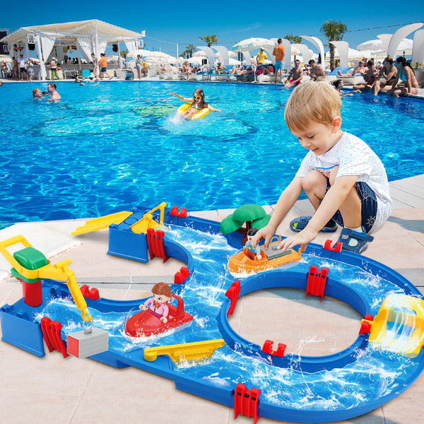 39pcs DIY Mini Water Park Building Blocks Toys, Waterway Playset with 2 Boats