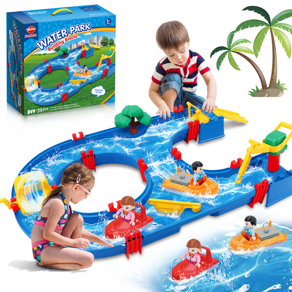 39pcs DIY Mini Water Park Building Blocks Toys, Waterway Playset with 2 Boats